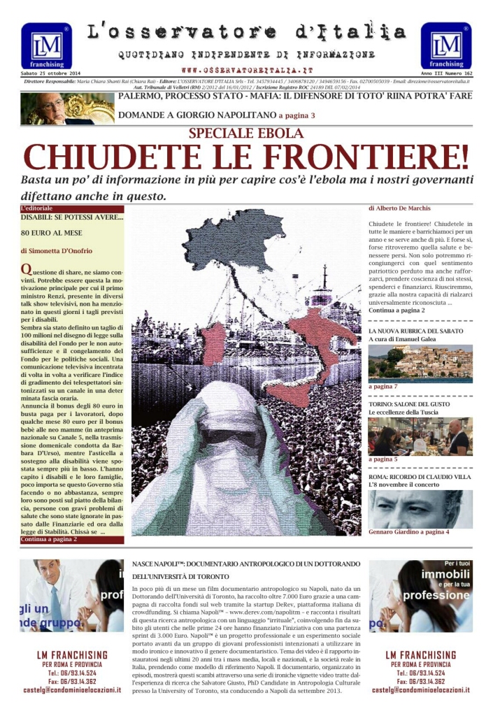L'osservatore d'Italia edizione del 25 Ottobre 2014